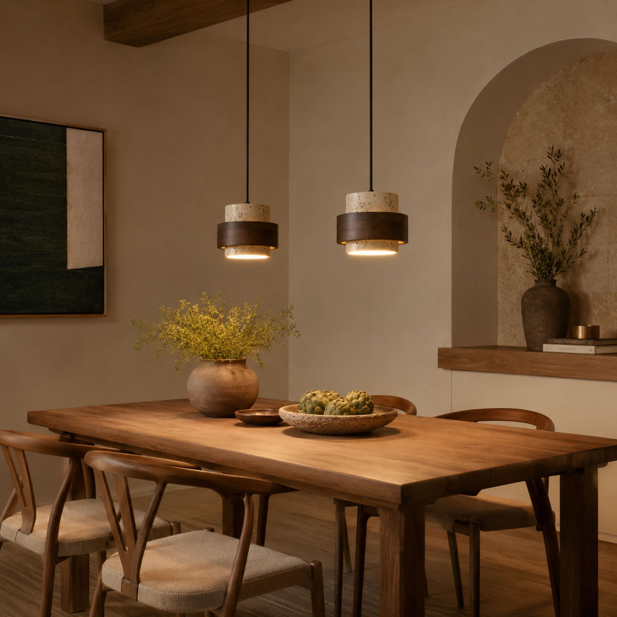 Lámpara colgante Nogal de estilo japandi en madera y piedra
