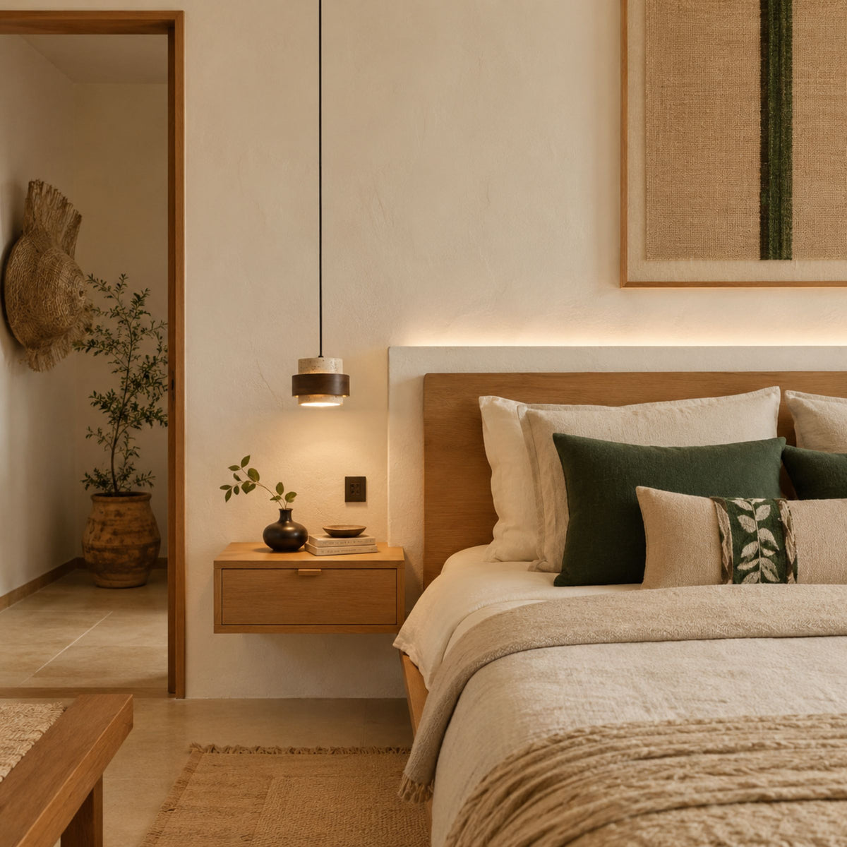 Lámpara colgante de piedra y madera junto a la cama