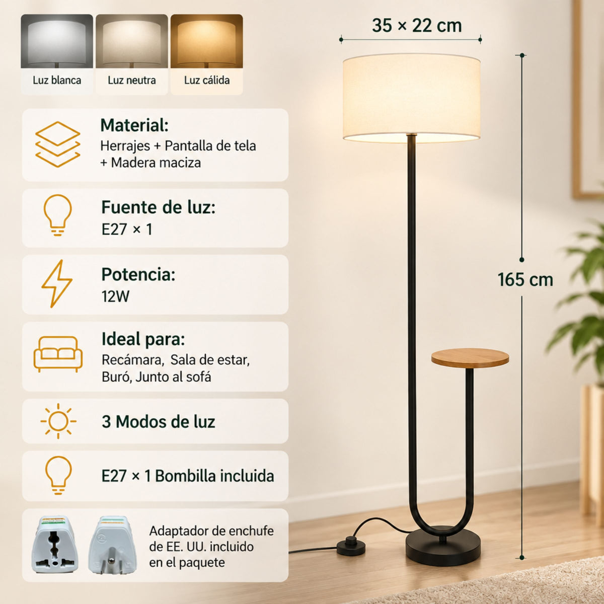 Lámpara de Piso para Sala Repisa con Mesa Auxiliar