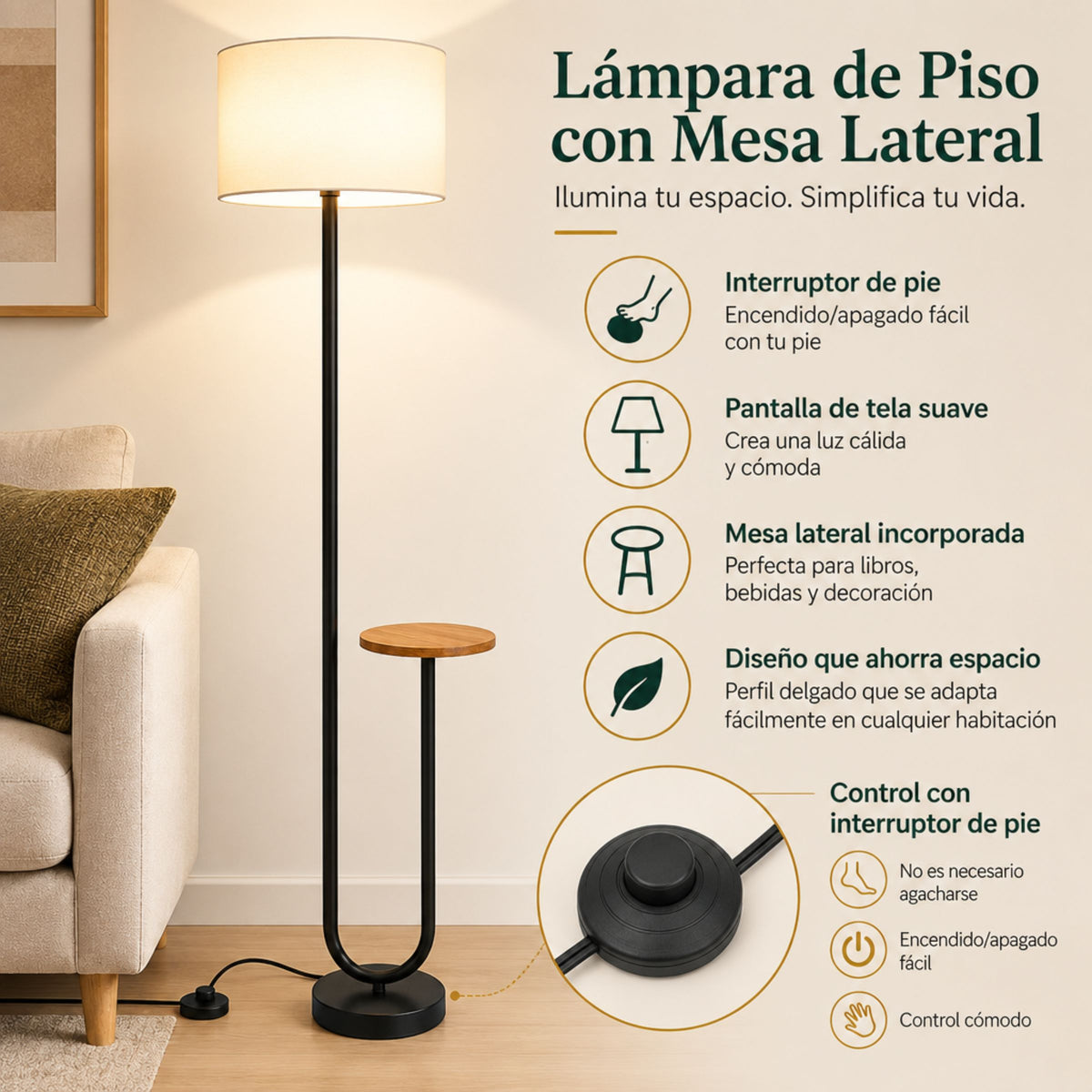 Lámpara de Piso para Sala Repisa con Mesa Auxiliar